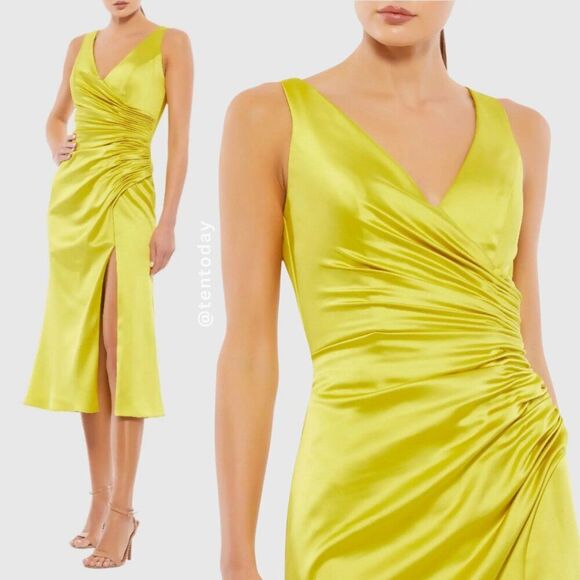 Mac Duggal Size 14 Chartreuse Green Yellow Satin Ruched V-Neck Midi Party Dress - Picture 1 of 4